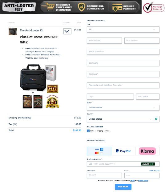 Anti-Looter Kit Checkout Page